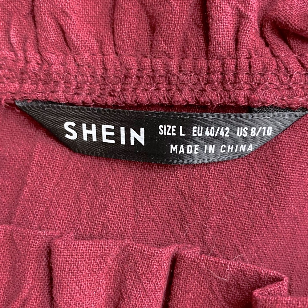 5/$25 Shein Burgundy High Collar Eyelet Ruffle Peplum Blouse L - Picture 3 of 15